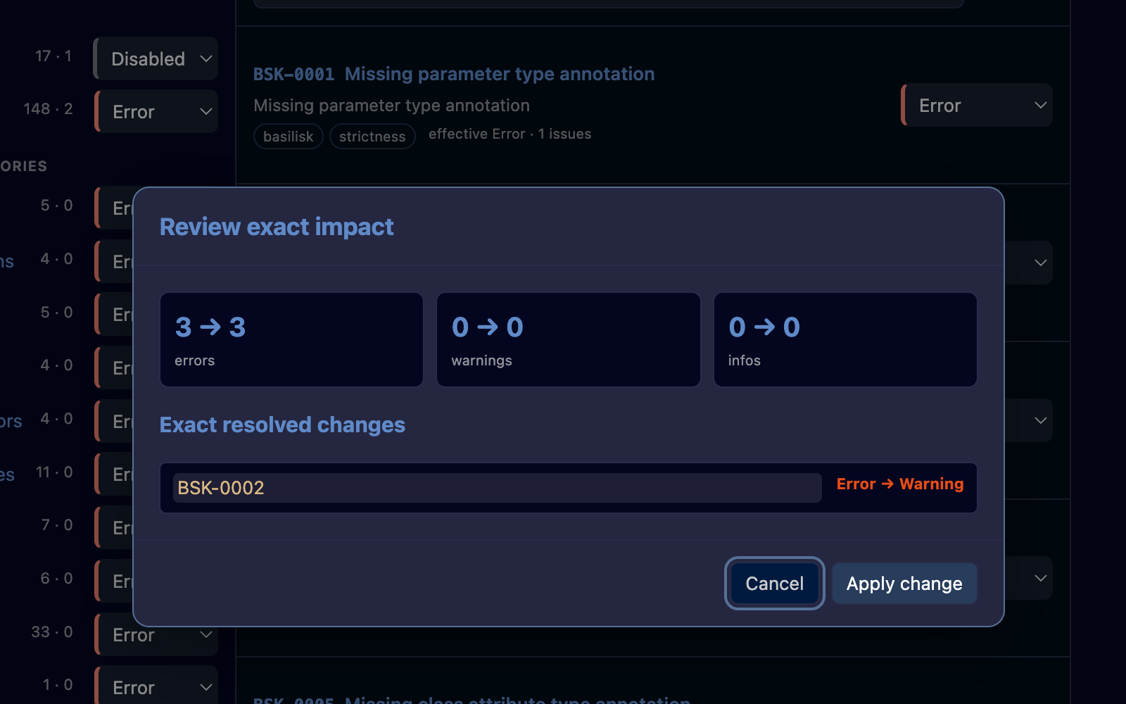 Basilisk 0.37.3 exact-impact preview showing BSK-0002 moving from error to warning before the pyproject.toml edit is applied