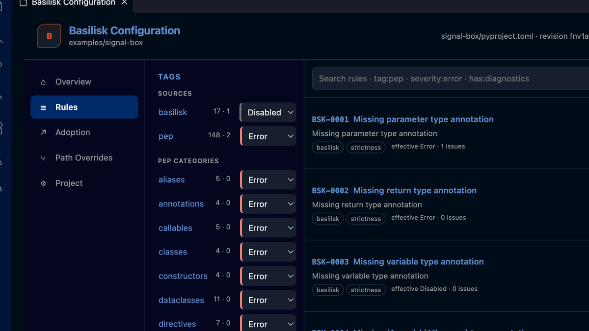 Basilisk 0.37.3 configuration editor showing tag-based Python type-checking rules and their effective severities in VS Code
