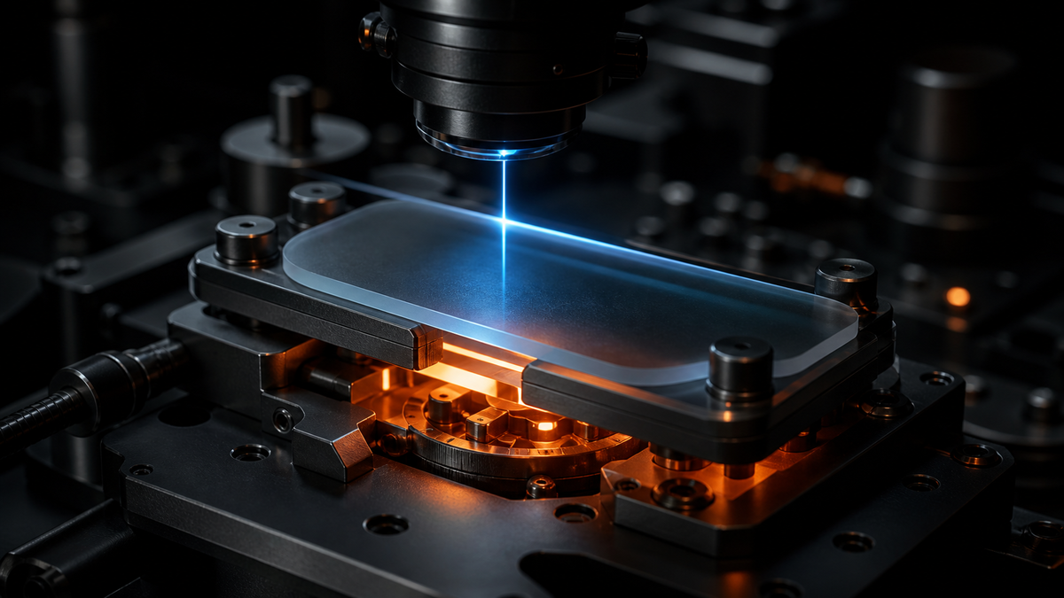 A translucent specification plate is scanned in cyan as it activates an orange-lit precision engine