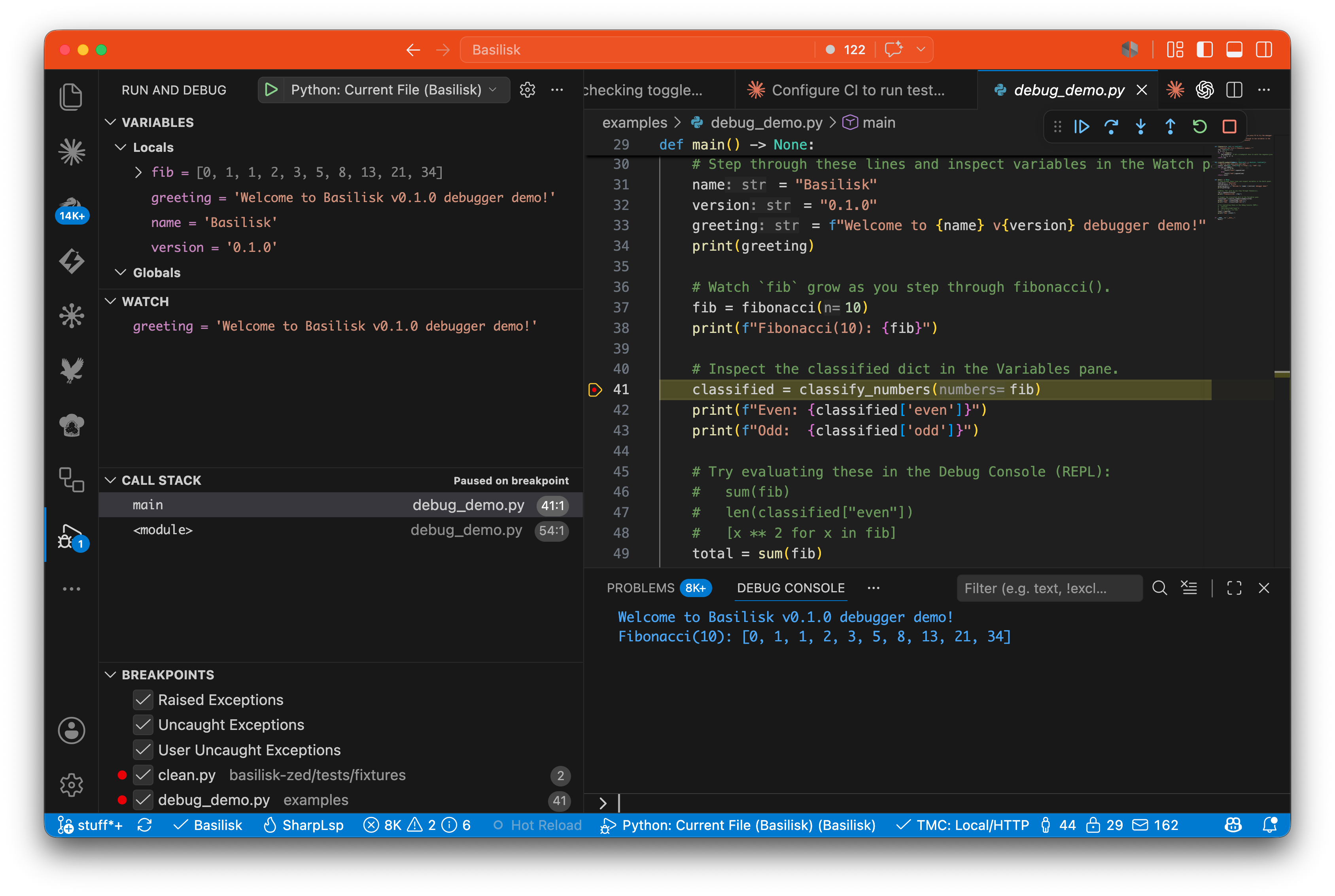 Basilisk 在 VS Code 中逐步调试 —— 在 debug_demo.py 的断点处暂停，变量、监视和调用堆栈面板均已填充，调试工具栏处于激活状态