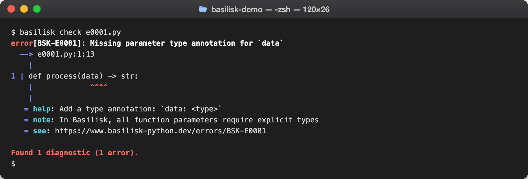basilisk check output reporting BSK-0001 — Missing parameter type annotation