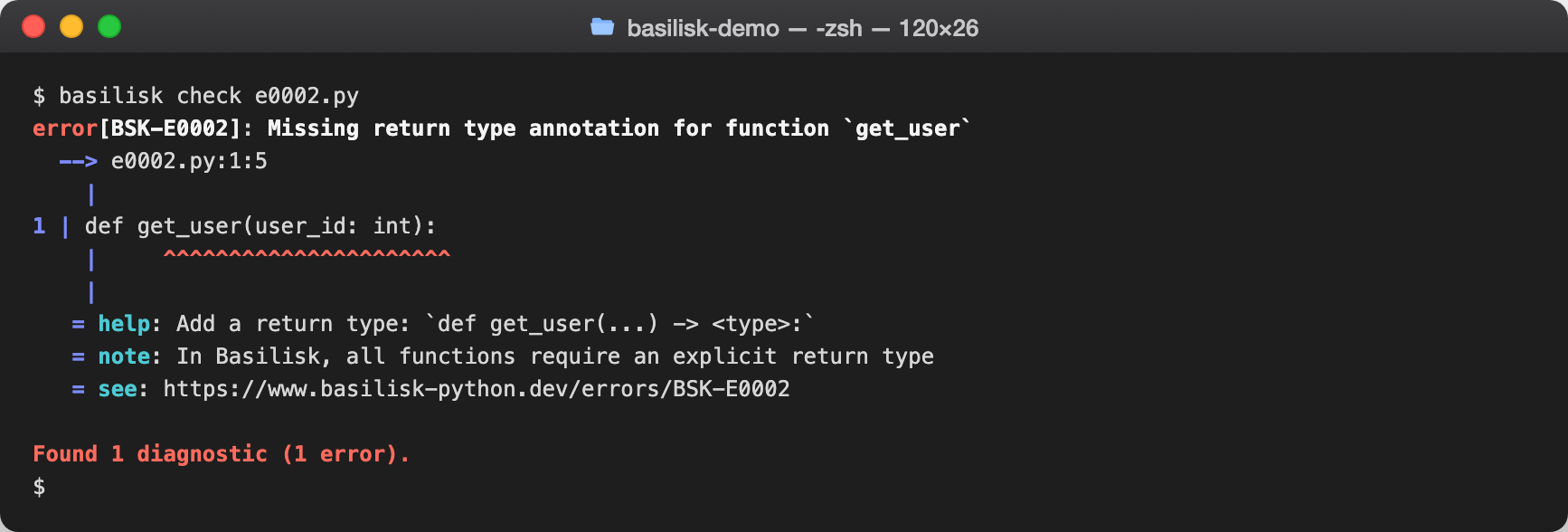 basilisk check output reporting BSK-0002 — Missing return type annotation