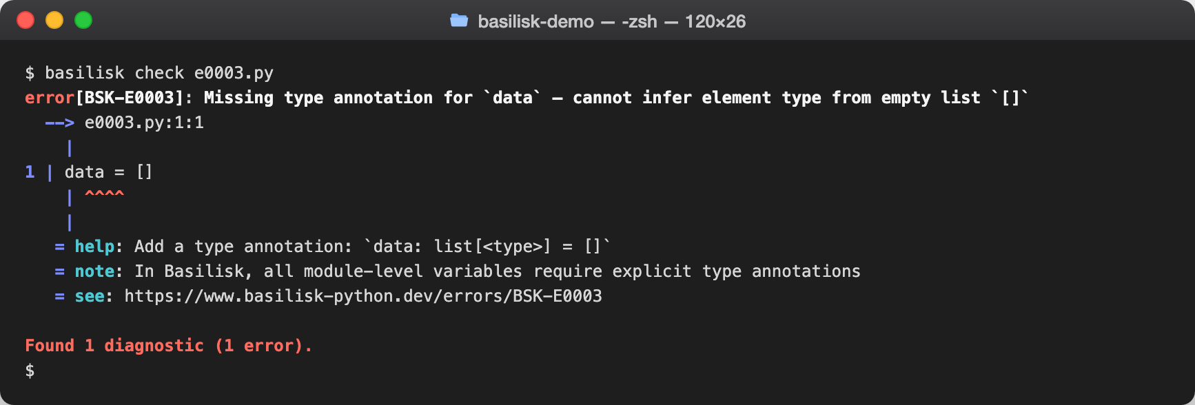 basilisk check output reporting BSK-0003 — Missing variable type annotation