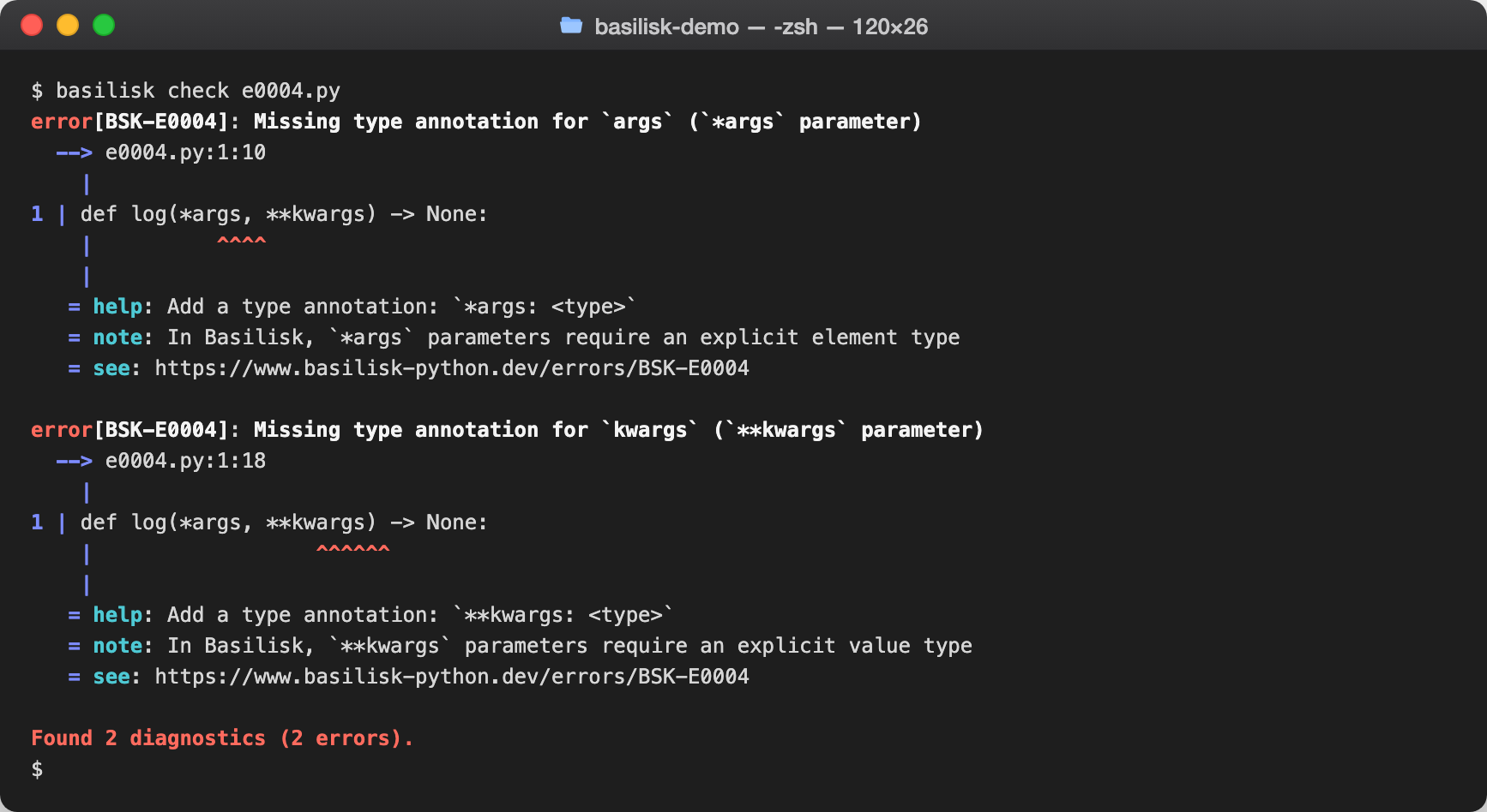 basilisk check output reporting BSK-0004 — Missing `*args` / `**kwargs` type annotation