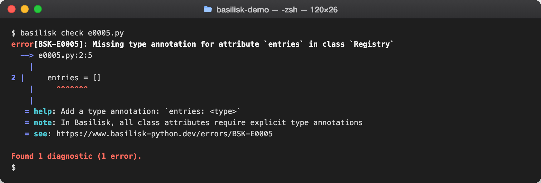 basilisk check output reporting BSK-0005 — Missing class attribute type annotation