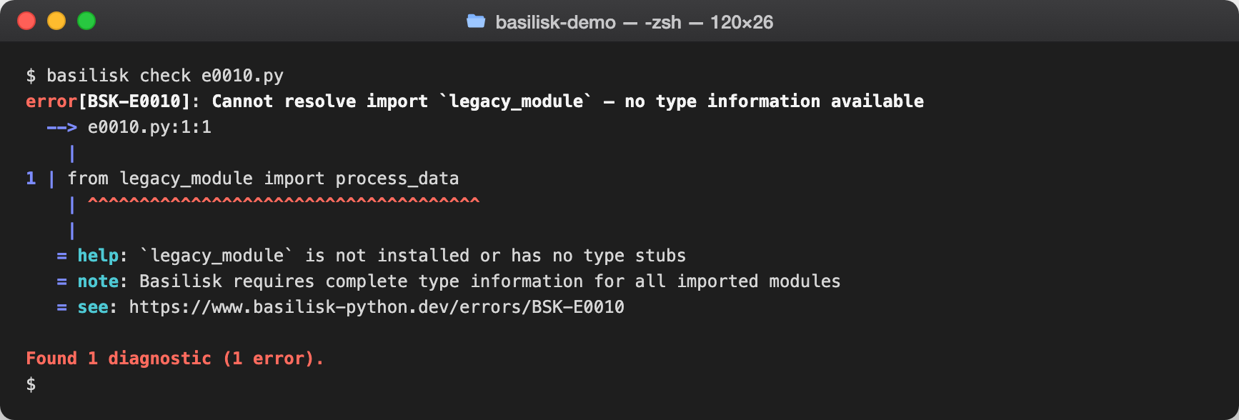 basilisk check output reporting imports_unresolved for an unresolved import