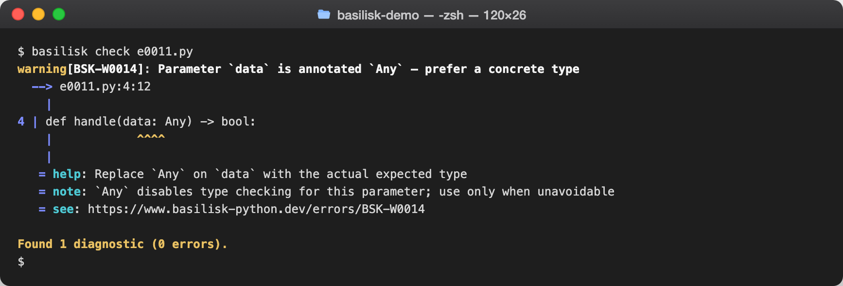 basilisk check output reporting BSK-0014 — Explicit `Any` annotation