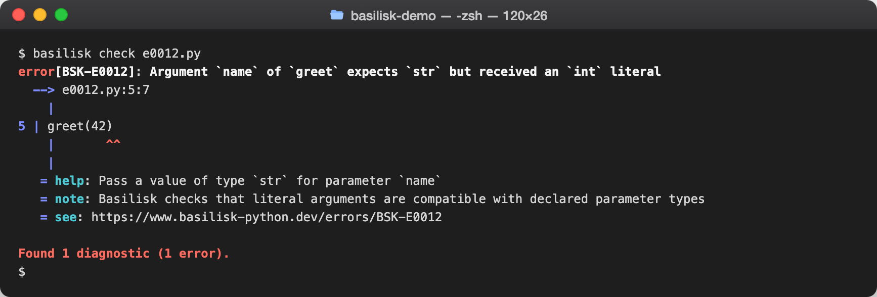 basilisk check output reporting calls_argument_type for an argument type mismatch