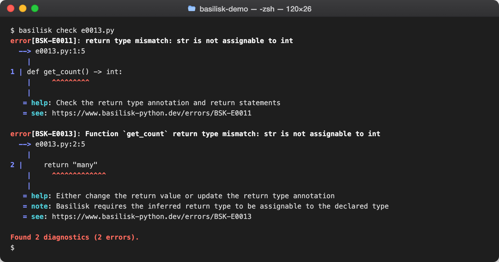 basilisk check output reporting returns_compatibility_2 for a return type mismatch
