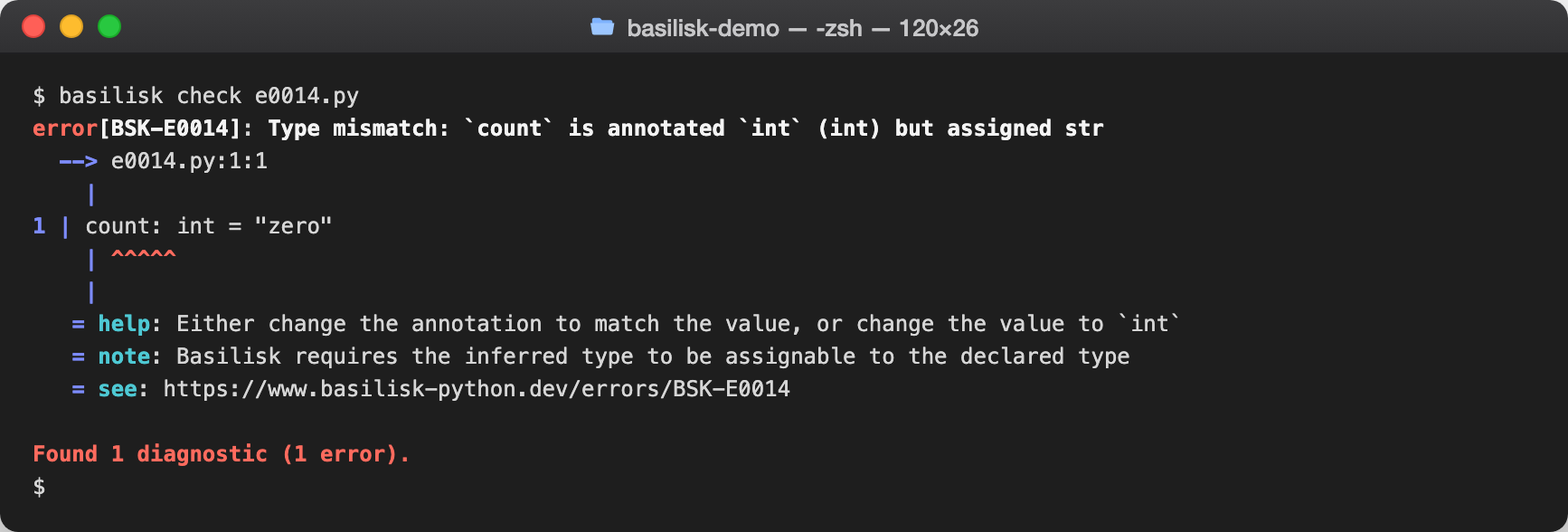 basilisk check output reporting assignment_compatibility for an assignment incompatibility