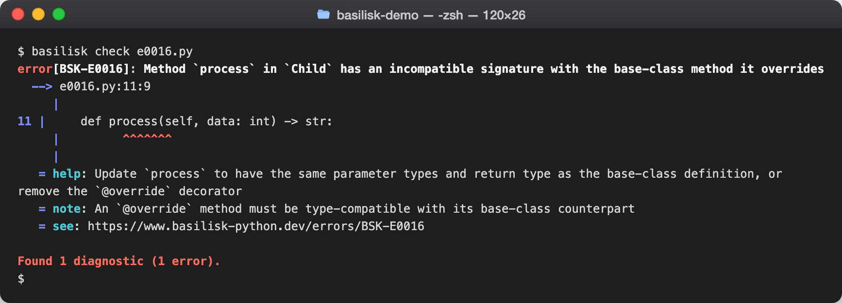 basilisk check output reporting classes_override for an incompatible method override