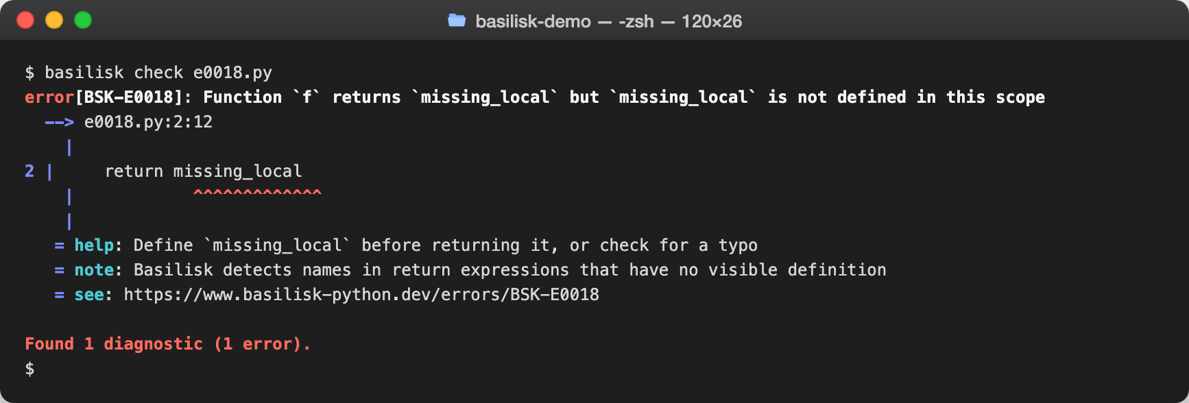 basilisk check output reporting names_undefined for an undefined variable