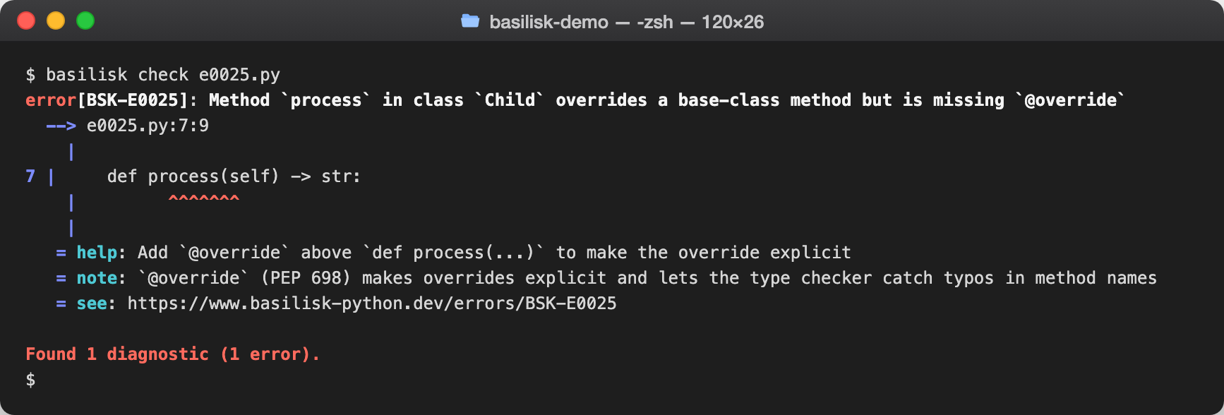 basilisk check output reporting BSK-0025 — Missing `@override` decorator
