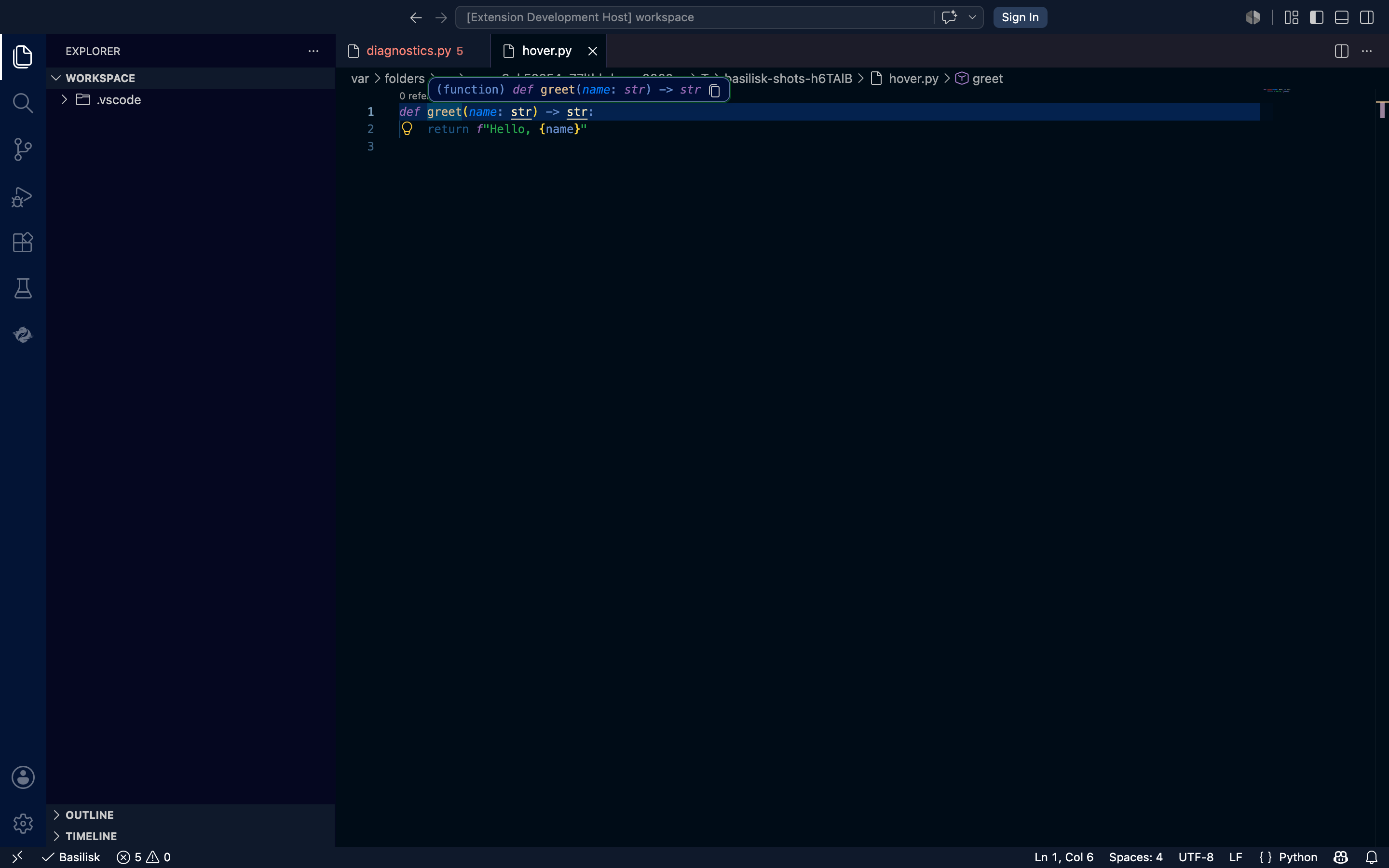 Basilisk hover in VS Code — hovering a function shows its full inferred signature