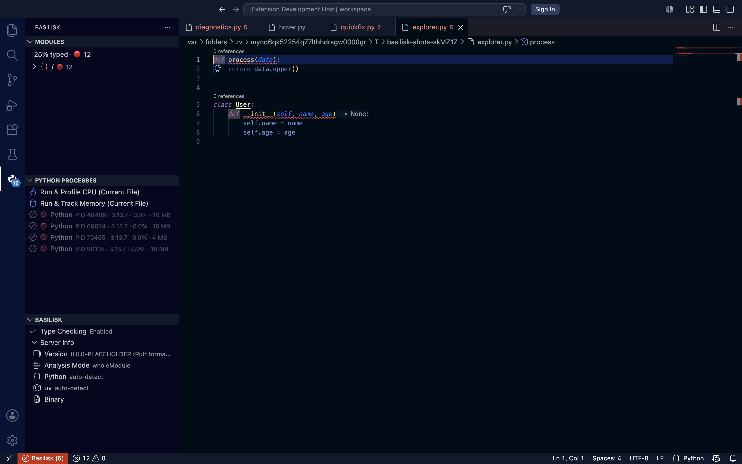 Basilisk activity panel in VS Code — Module Explorer with typed-coverage percentage, Python Processes for CPU and memory profiling, and type-checking status