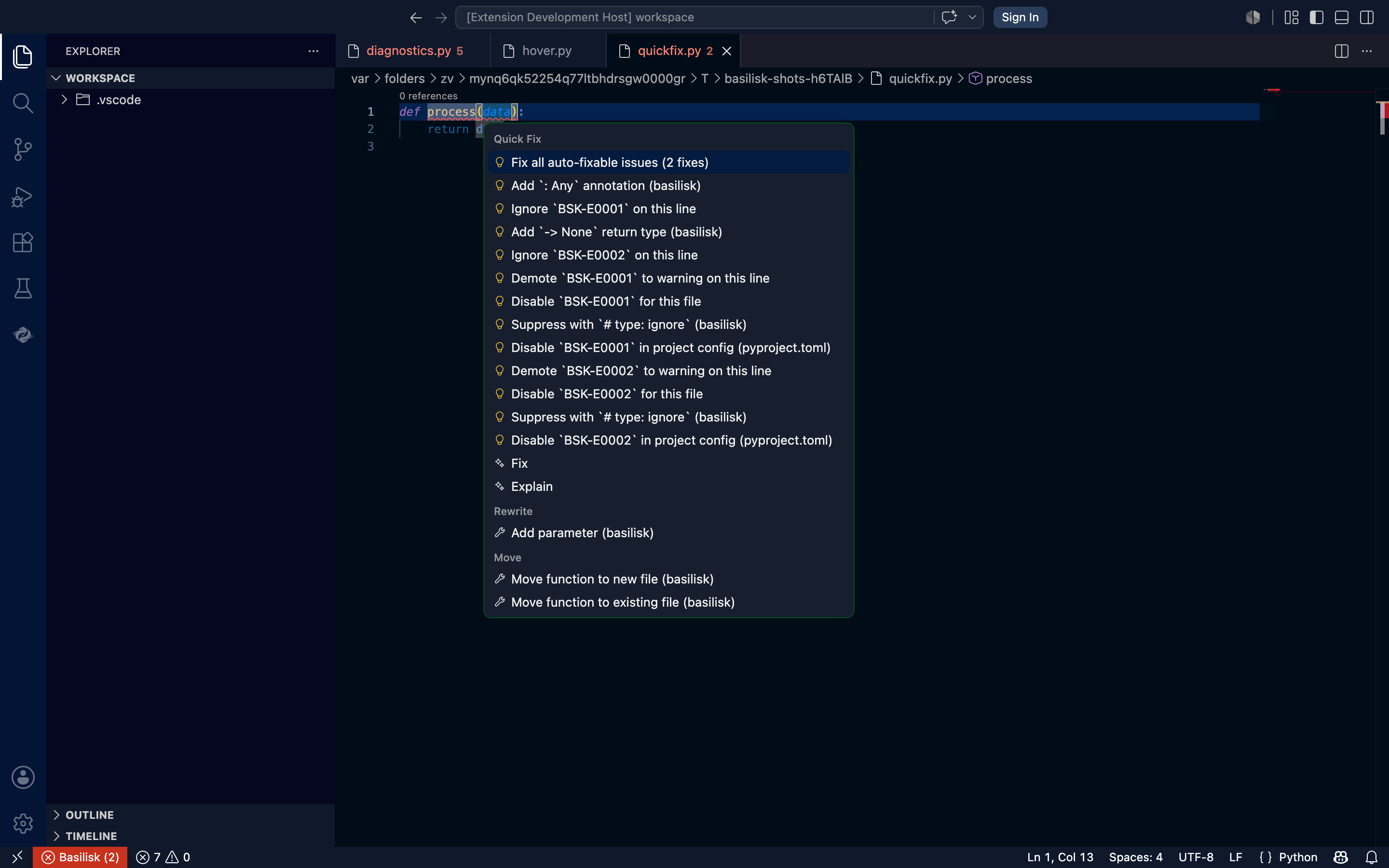 Basilisk Quick Fix menu in VS Code — fix-all, add annotation, demote or disable a rule, and move-function refactorings